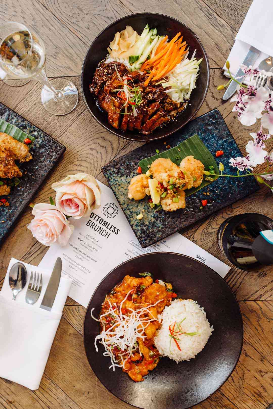 Thai rice bowl, chicken wings and crispy chicken from the Siamais brunch menu