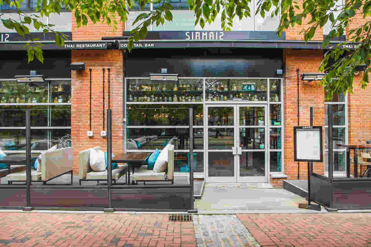 Siamais restaurant exterior and terrace in Brindleyplace, Birmingham
