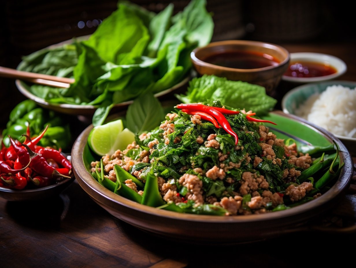 Laab, a Thai minced meat salad with lime, chilli and fresh herbs