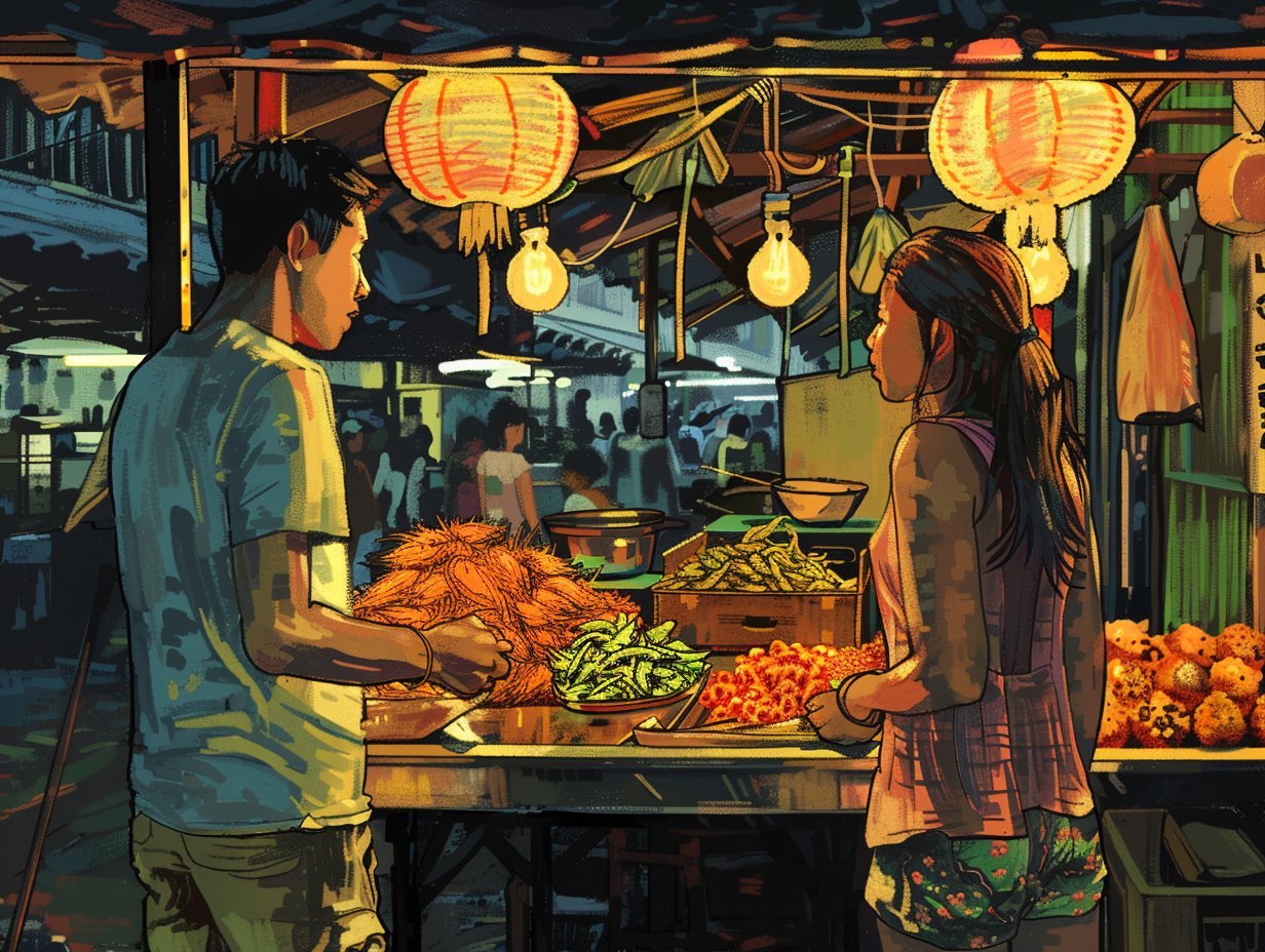 Illustration of a couple choosing food at a Thai street food market stall