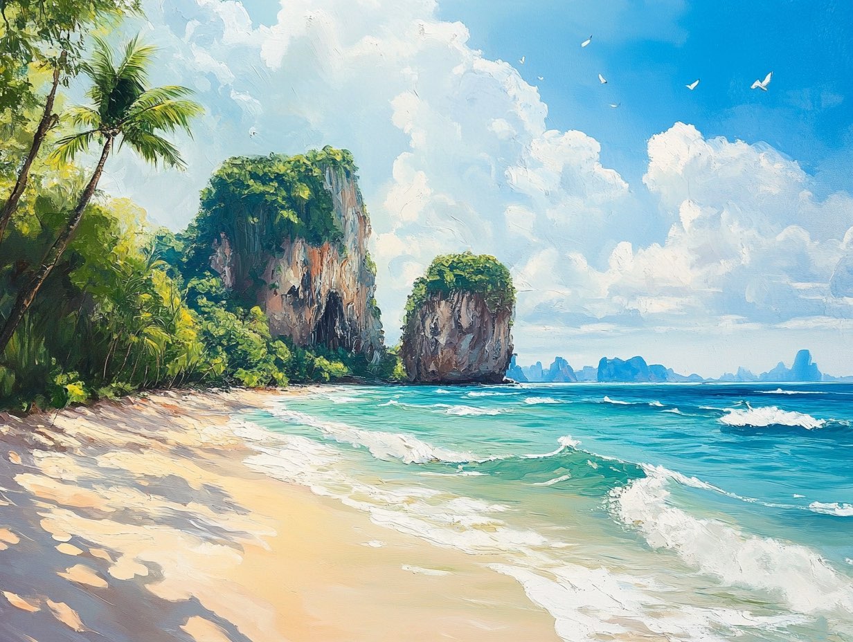 A limestone cliff and turquoise sea on a Thai beach