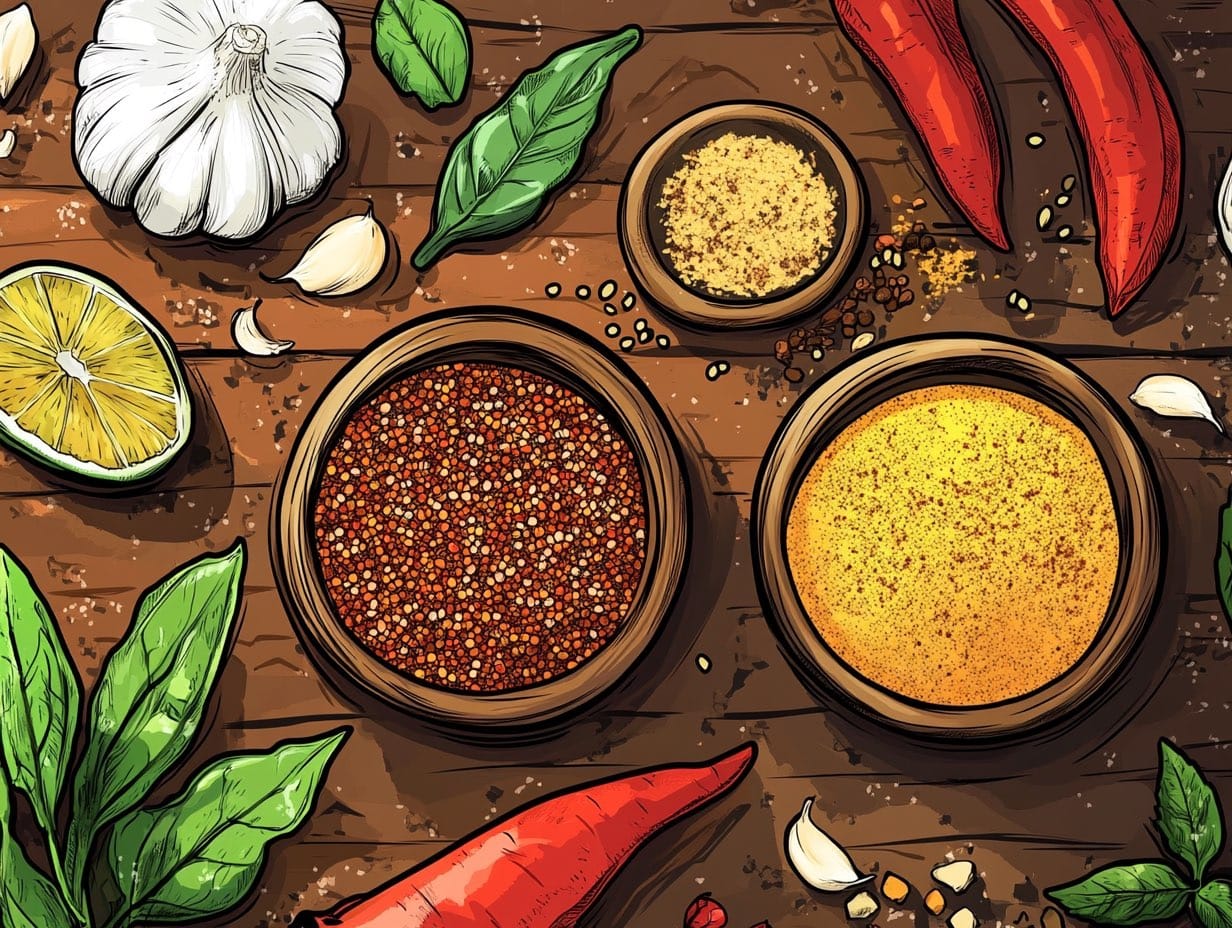 Illustration of Thai spices, chillies, garlic, lime and basil on a wooden table