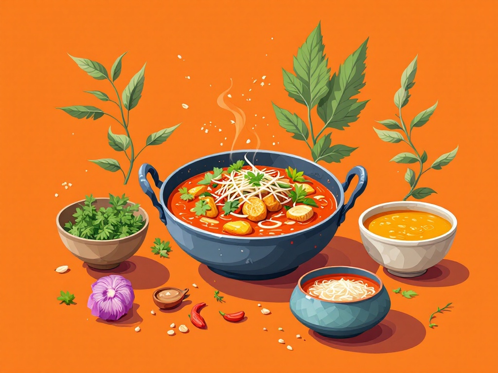 Illustration of a pot of Thai curry with herbs, rice and sauces