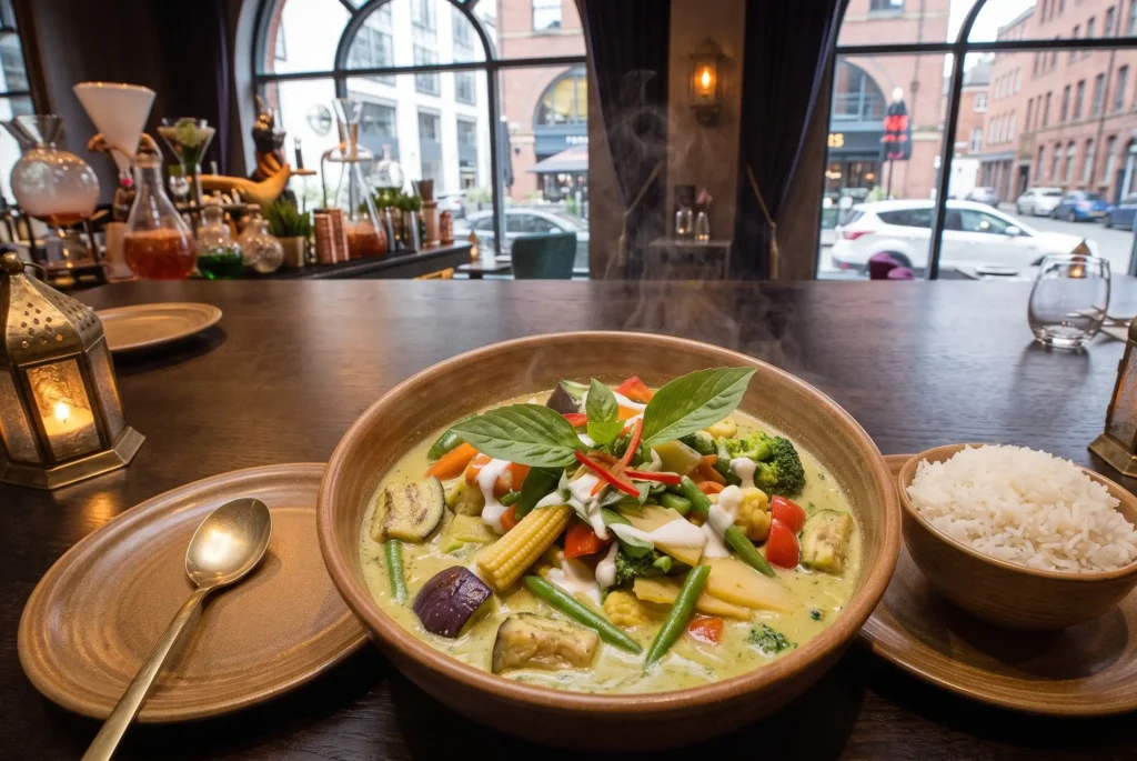 Vegan Thai green curry with vegetables at Siamais restaurant Birmingham